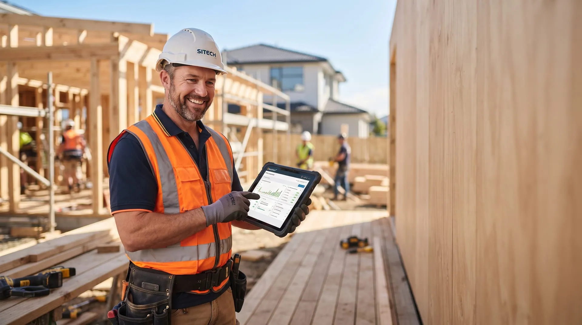 A builder on site checking their project's dashboard on a tablet